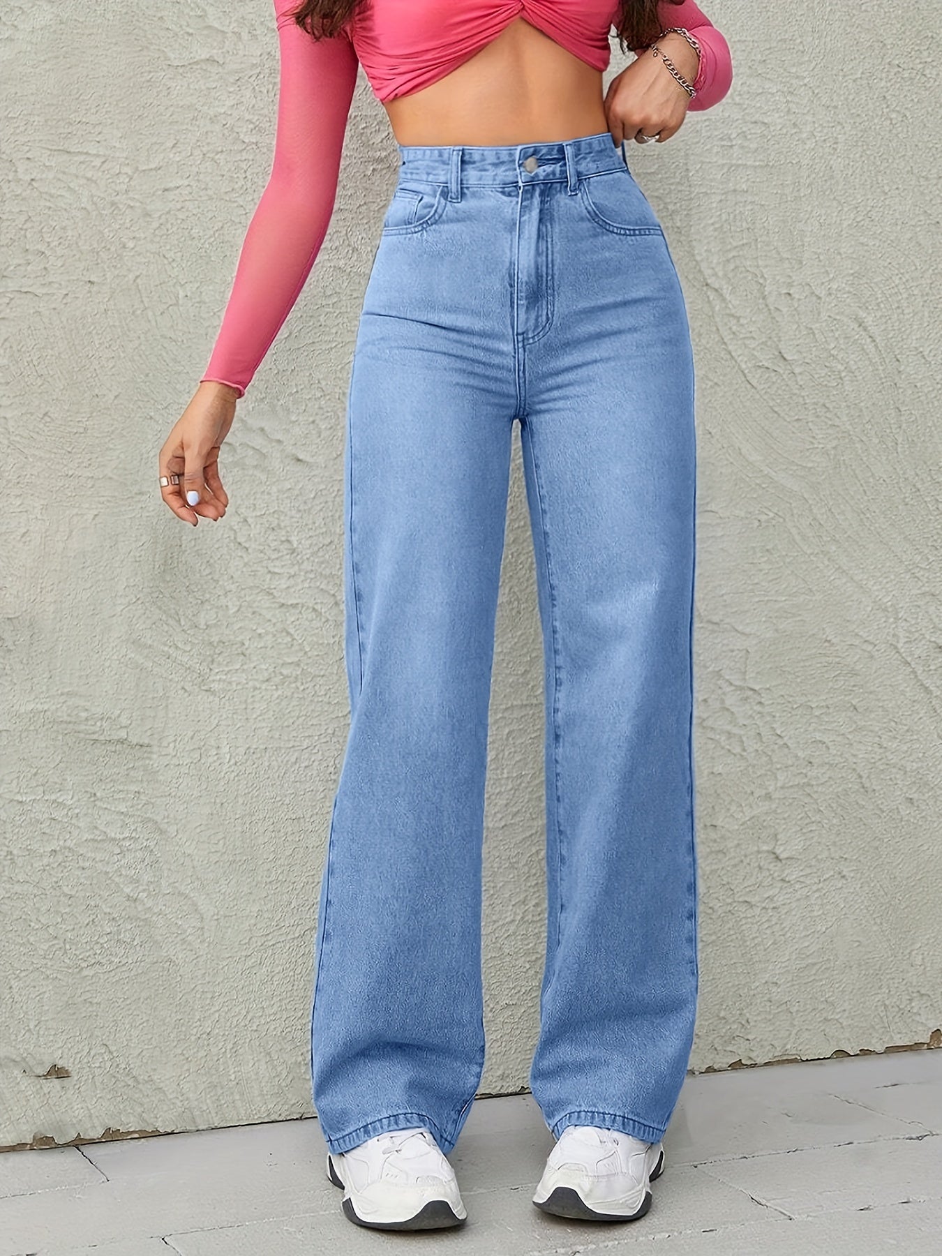 Women's High-Waisted Wide Leg Jeans Denim Long Solid Color Street Style