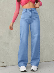 Women's High-Waisted Wide Leg Jeans Denim Long Solid Color Street Style