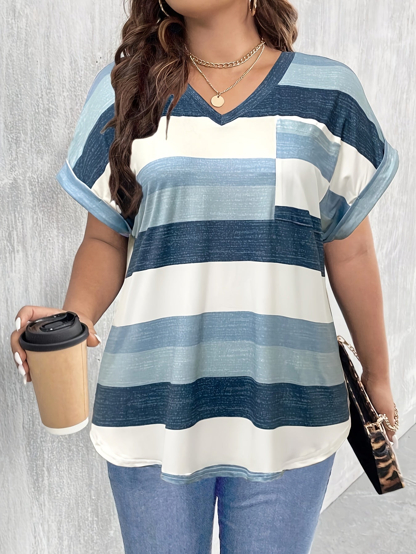 Plus Size Women's Striped V-Neck T-Shirt Casual Short Sleeve Top Light Blue White