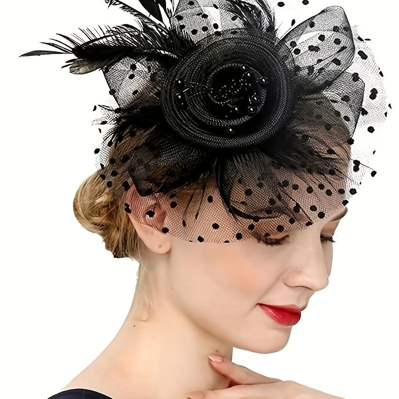 Black Yarn Pillbox Fascinator Hat with Mesh Veil and Fiber Feather for Women