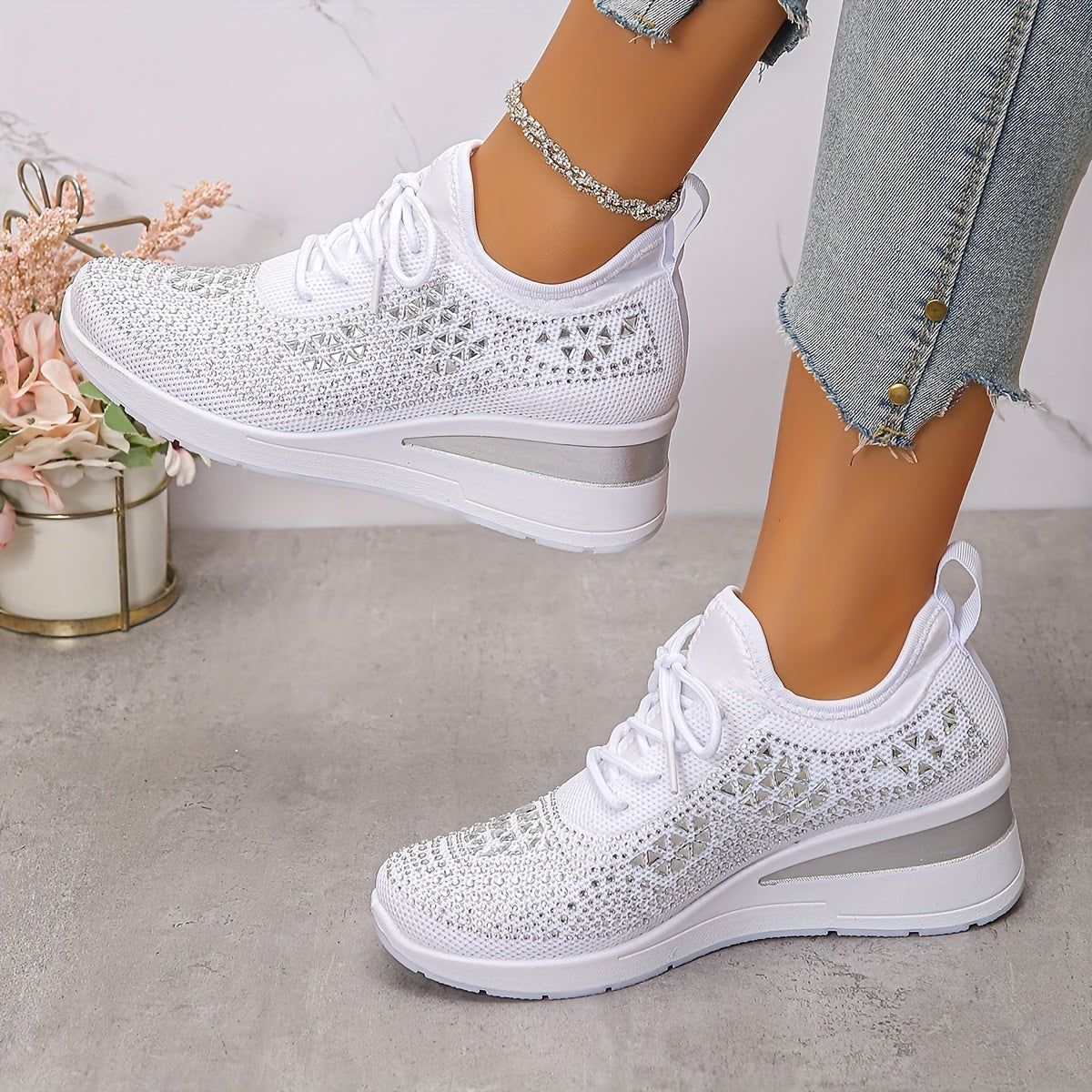 Women's Rhinestone Sneakers Black Casual Low-Top Lace-Up Comfort Footwear