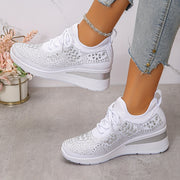 Women's Rhinestone Sneakers Black Casual Low-Top Lace-Up Comfort Footwear