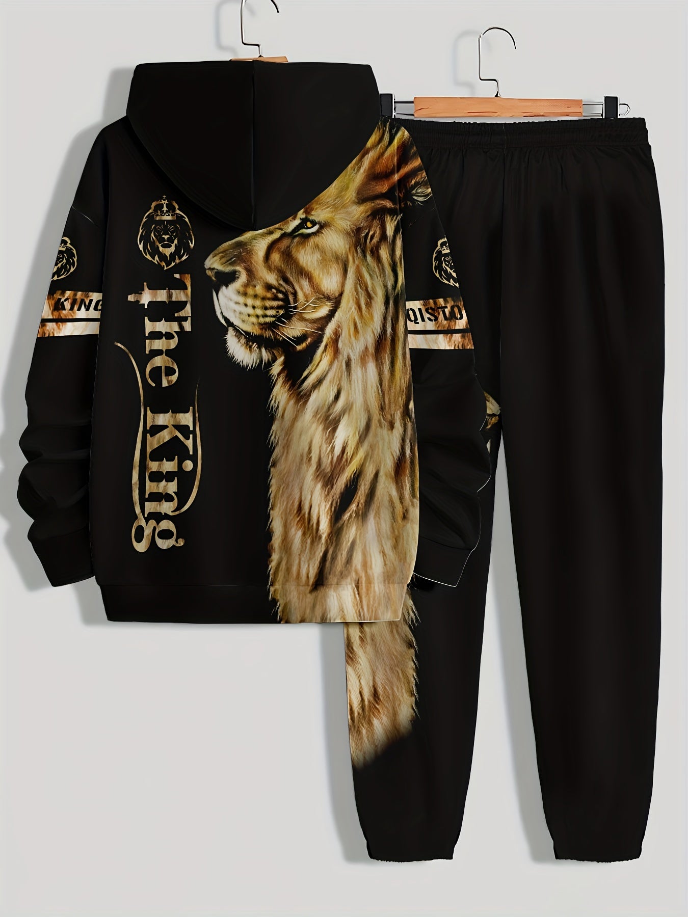 Men's Lion Print Hoodie and Sweatpants Set Polyester Knit Casual Regular Fit