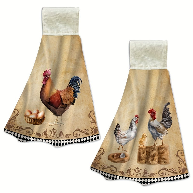 Microfiber Kitchen Towels Set of 2 Vintage Chicken Design Animal Themed Cloths with Loop