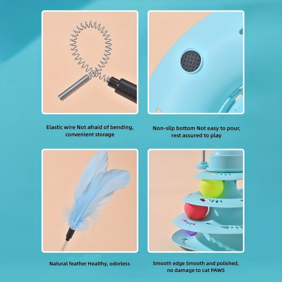 Прочный игровой комплекс для кошек включает вращающиеся шарики, 4-уровневую дорожку, перьевую игрушку и неэлектрический дизайн.