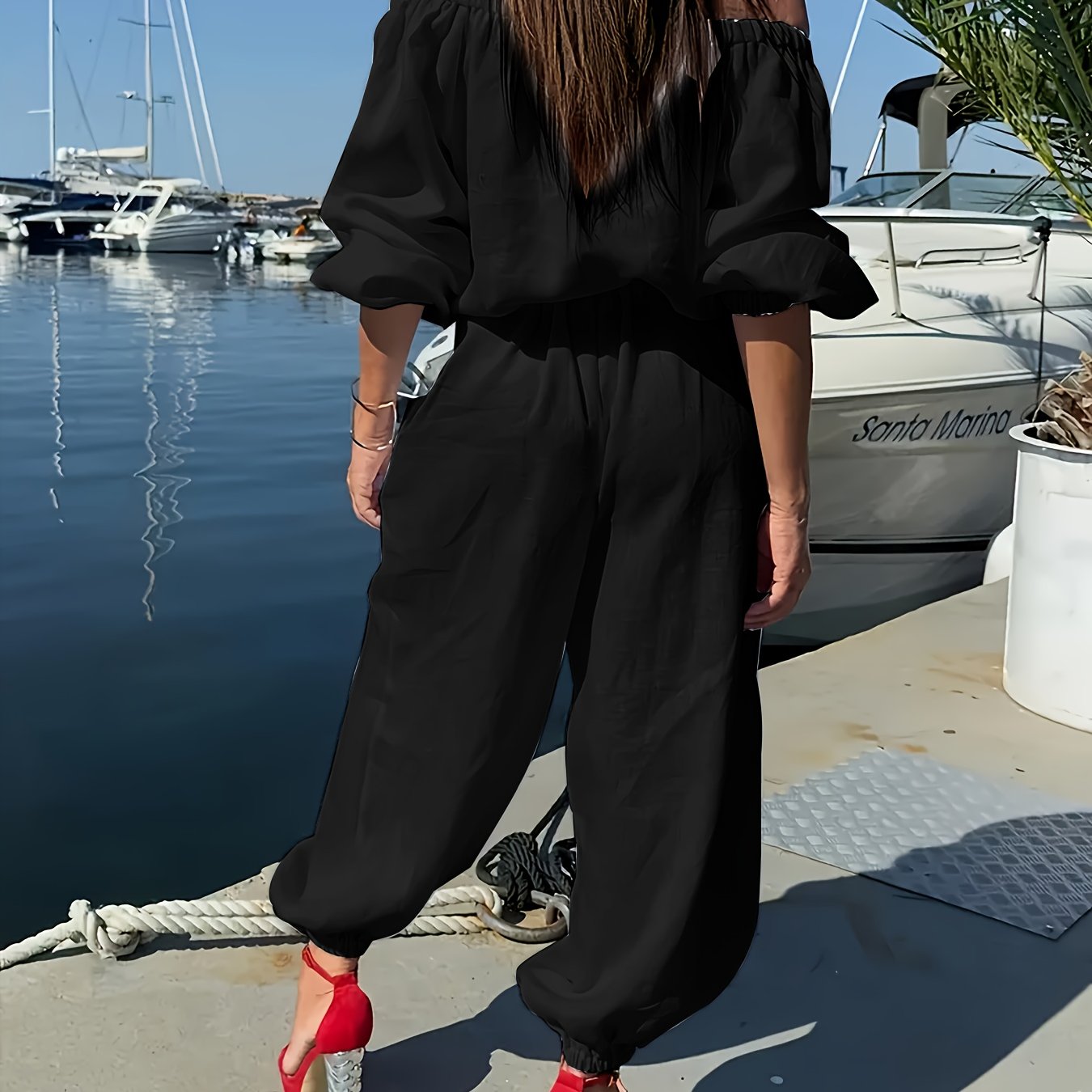 Mono de mujer de talla grande con hombros descubiertos y pantalón ancho, transpirable y casual para verano
