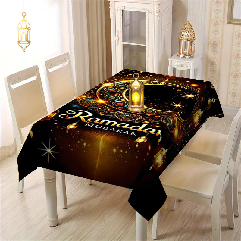 Elegant Ramadan Mubarak Square Polyester Tablecloth with Ethnic Moon Print for Eid Celebrations and Home Decor