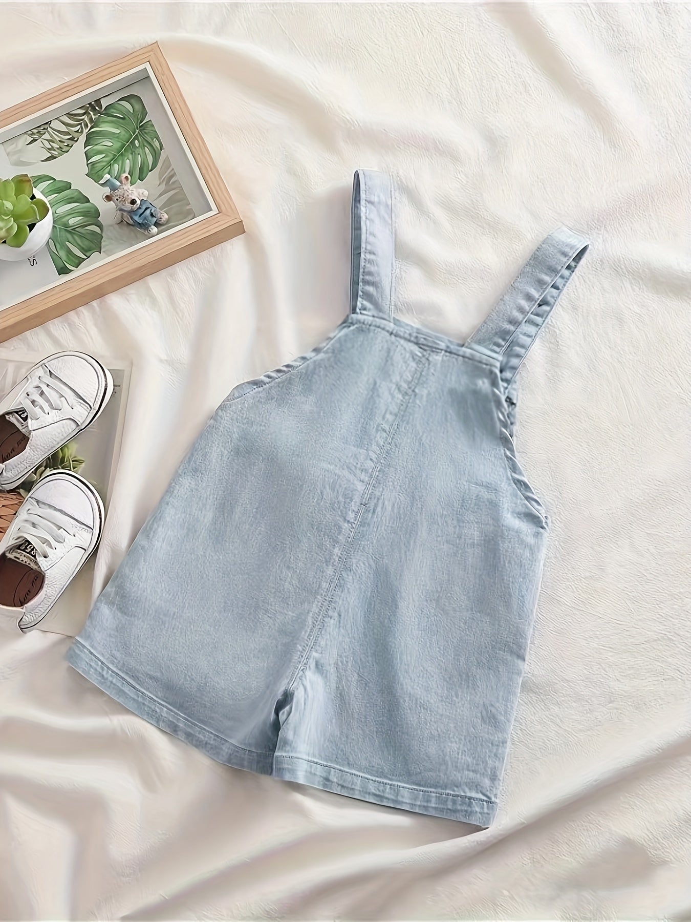 Baby Girls Denim Jumpsuit with Rabbit Patches Summer Cotton Blend Toddler Infant