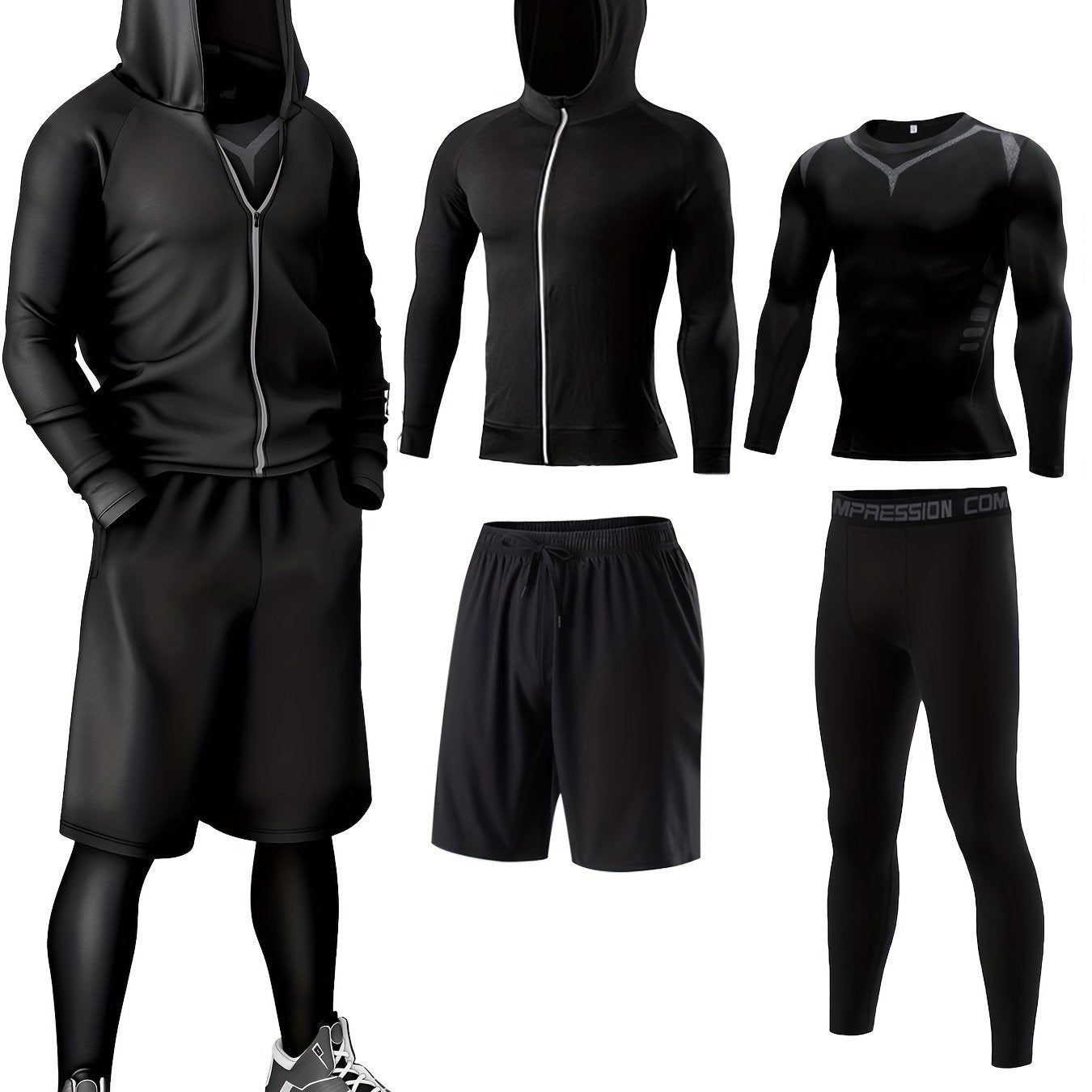 Men's Athletic Sportswear Set Crew Neck Hoodie Shorts Leggings Breathable Quick-Dry Polyester Elastane