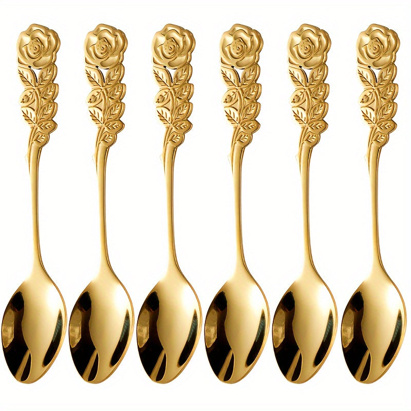 Set of 6 Rose-Shaped Stainless Steel Coffee Spoons for Kitchen and Dessert