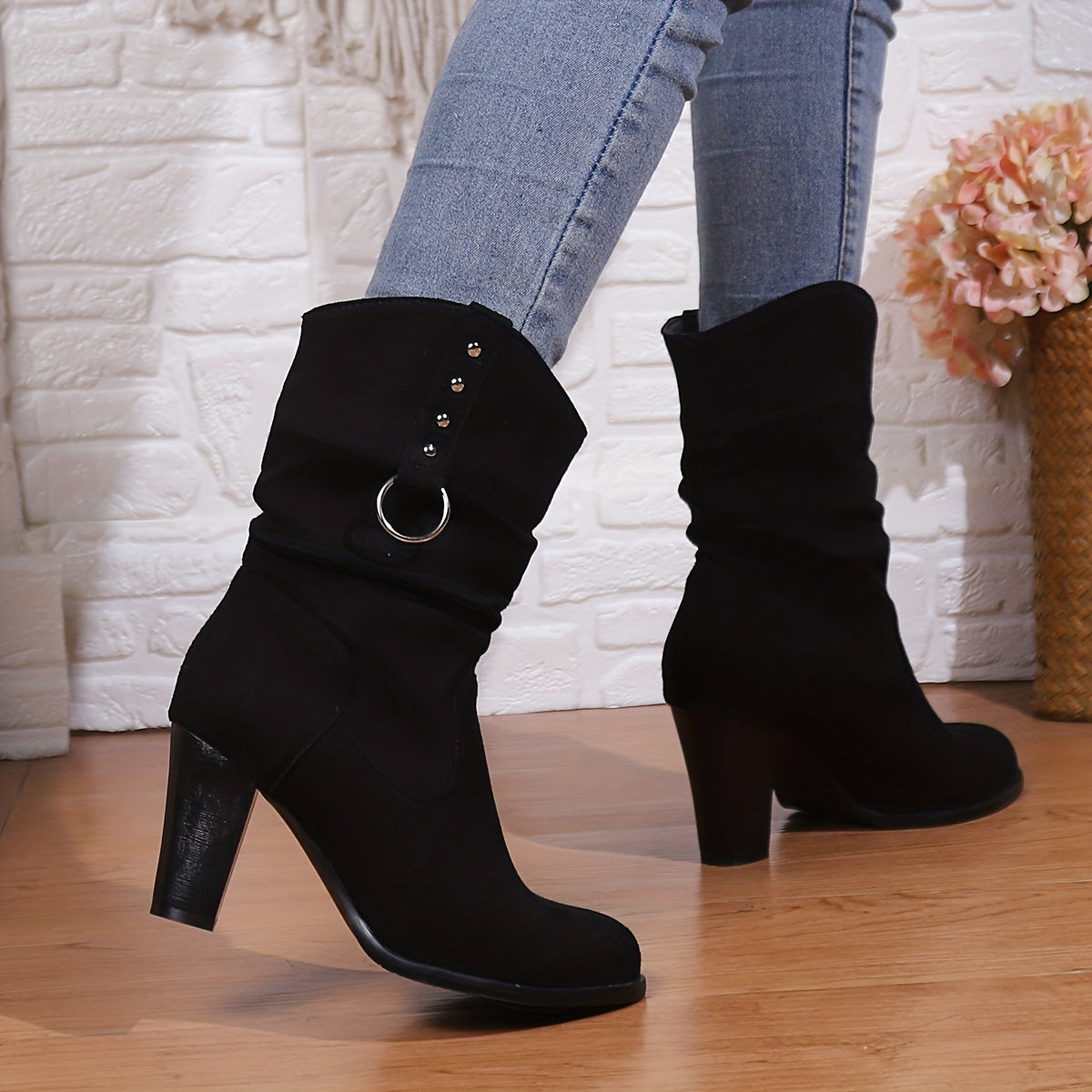 Ayollar uchun retro g‘arbiy kovboy poyabzali qora charmli qattiq tagli tizzaga qadar bo‘lgan poyabzal