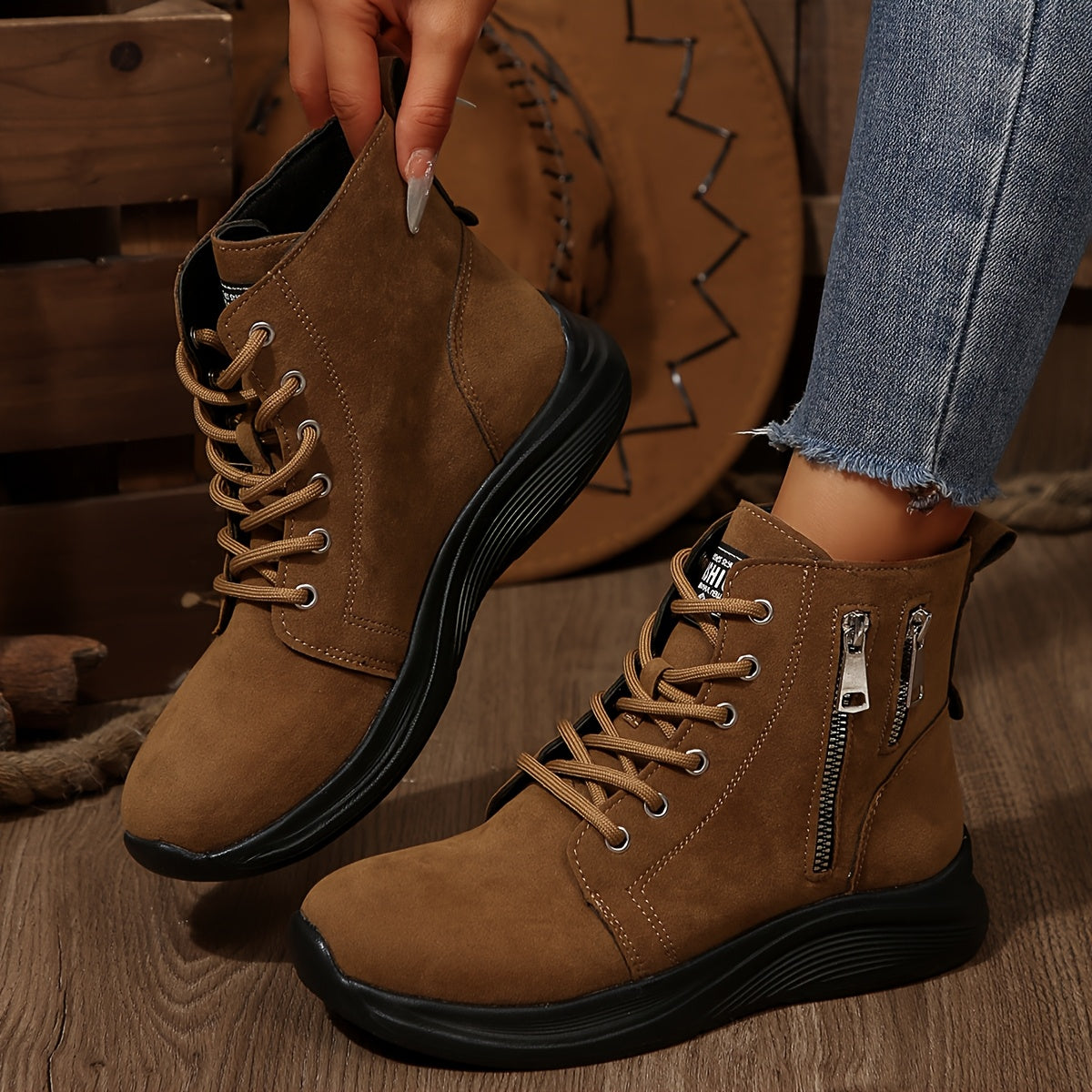 Women's Ankle Boots Solid Color Casual Lace-Up Round Toe Flat Heel