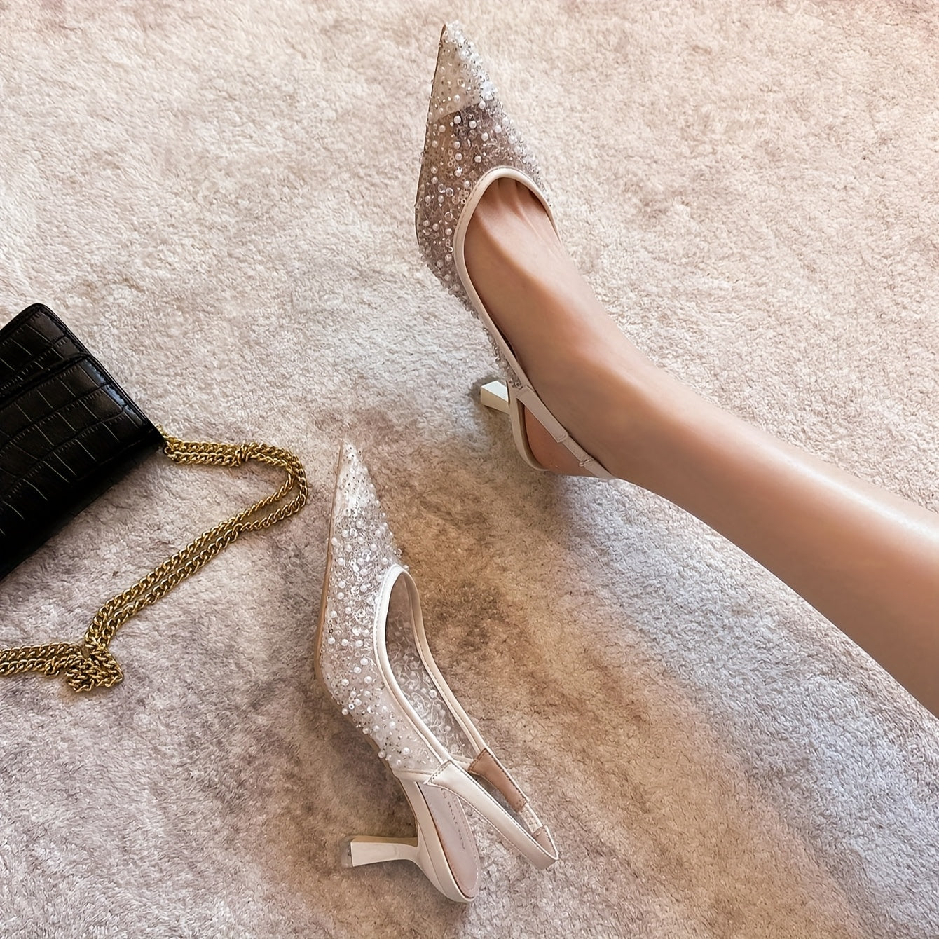 Women's Sequin Beaded Pointed Toe Stiletto Heels Pumps with Back Strap