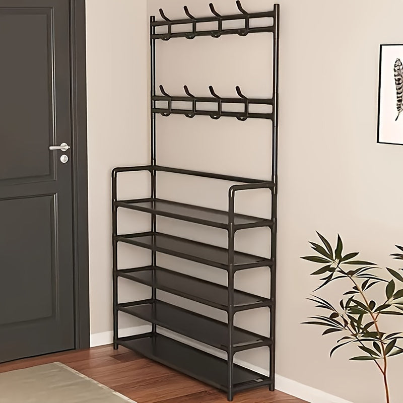 3-in-1 Metal Coat Rack Shoe Storage Stool Entryway Hall Tree with 8 Hooks and Shoe Rack