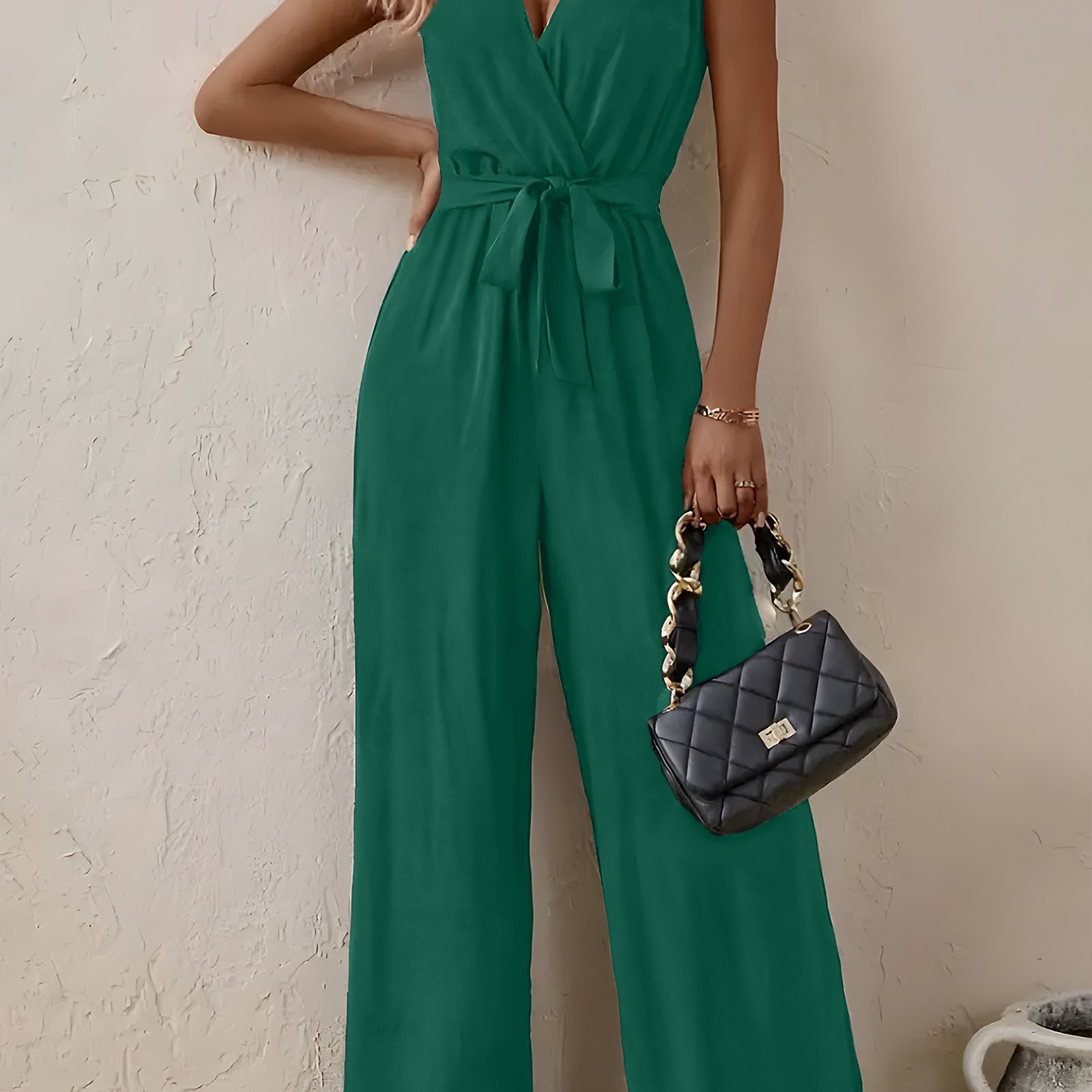 Women Plus Size Red V-Neck Jumpsuit with Tie Waist Sleeveless Wide-Leg