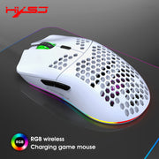 Wireless Gaming Mouse RGB Lighting Rechargeable Honeycomb Design USB Plug and Play Right-Handed White