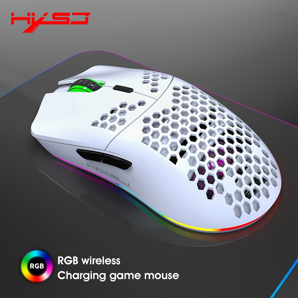 Wireless Gaming Mouse RGB Lighting Rechargeable Honeycomb Design USB Plug and Play Right-Handed White