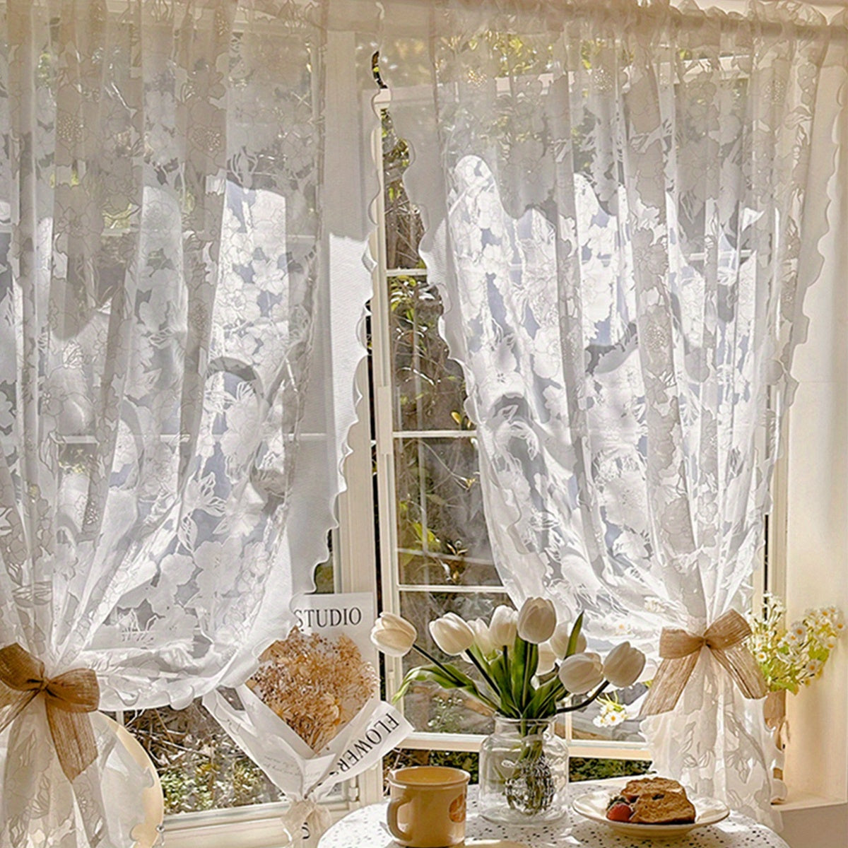 White Yarn Curtain with Rose Flower Design for Bedroom Living Room Balcony Windows