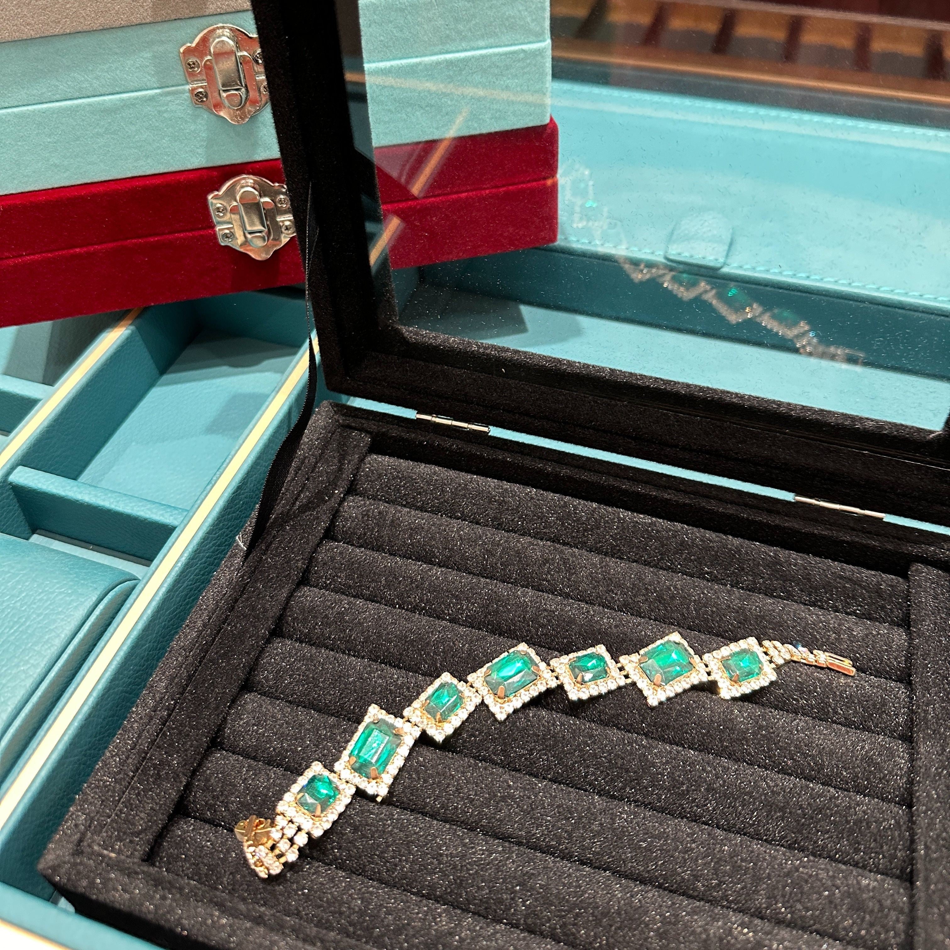 Shisha zargarlik qutisi, mato ichki qismi va uzuk uchun rolik bilan, kichik aksessuarlarni tartibga solish uchun