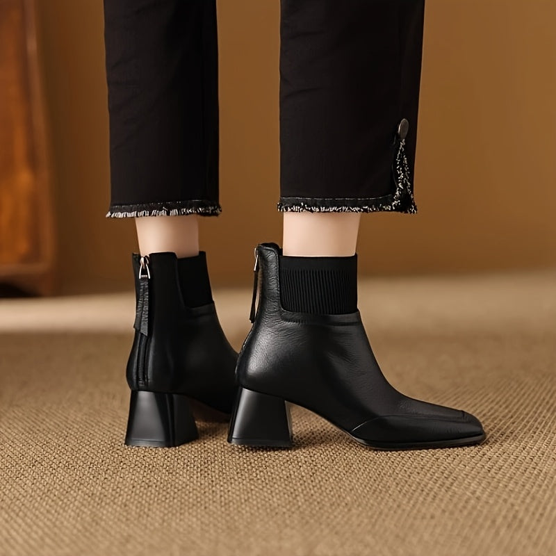 Women Ankle Boots Faux Leather Chunky Heel Elastic Side Brown