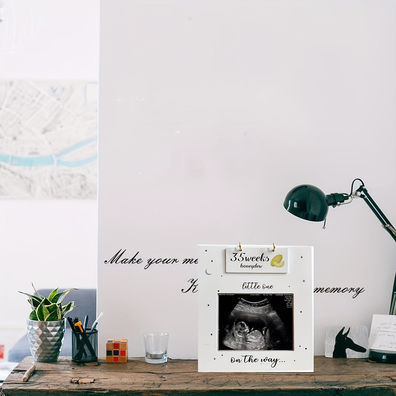 White Wooden Ultrasound Frame with Milestone Cards Baby Keepsake for Sonogram and Pregnancy Photos