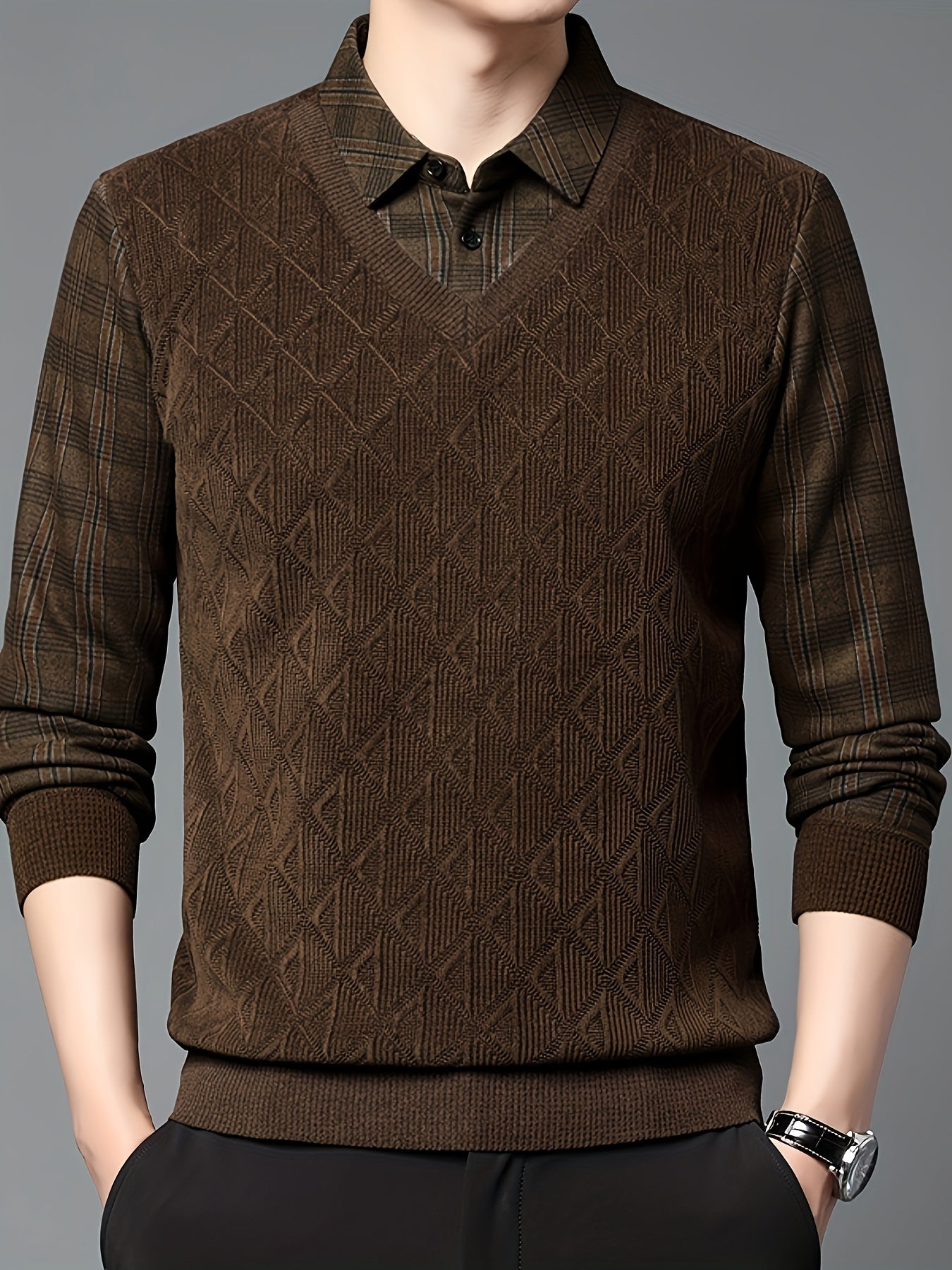 Men's Winter Sweatshirt with Velvet-Lined Collar, Striped Knit Fabric, Long Sleeve Casual Top
