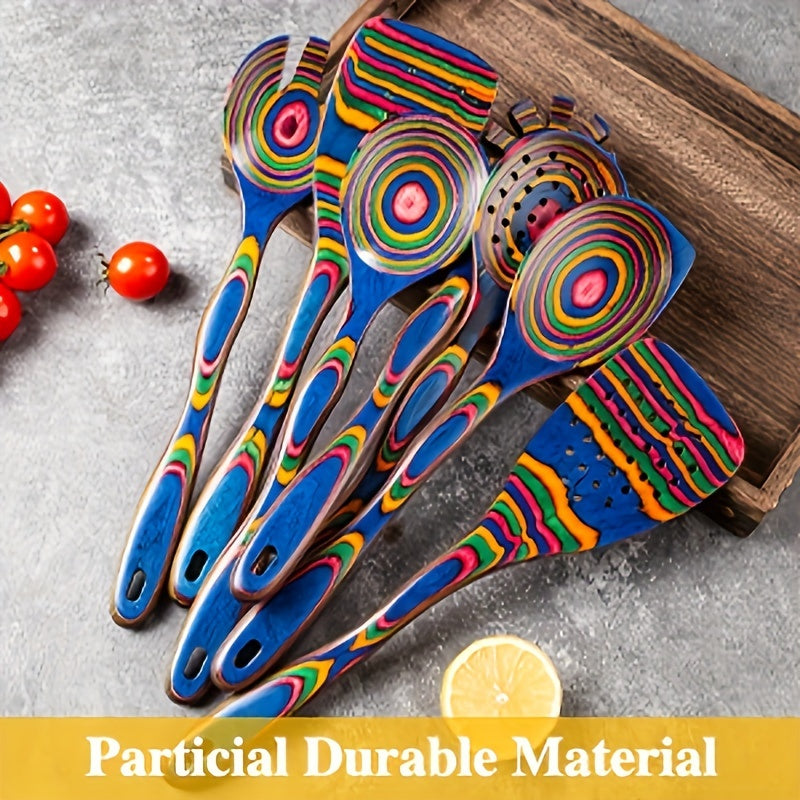 Wooden Kitchen Utensils Set 7-Piece Colorful Soup Spoons and Cooking Tools
