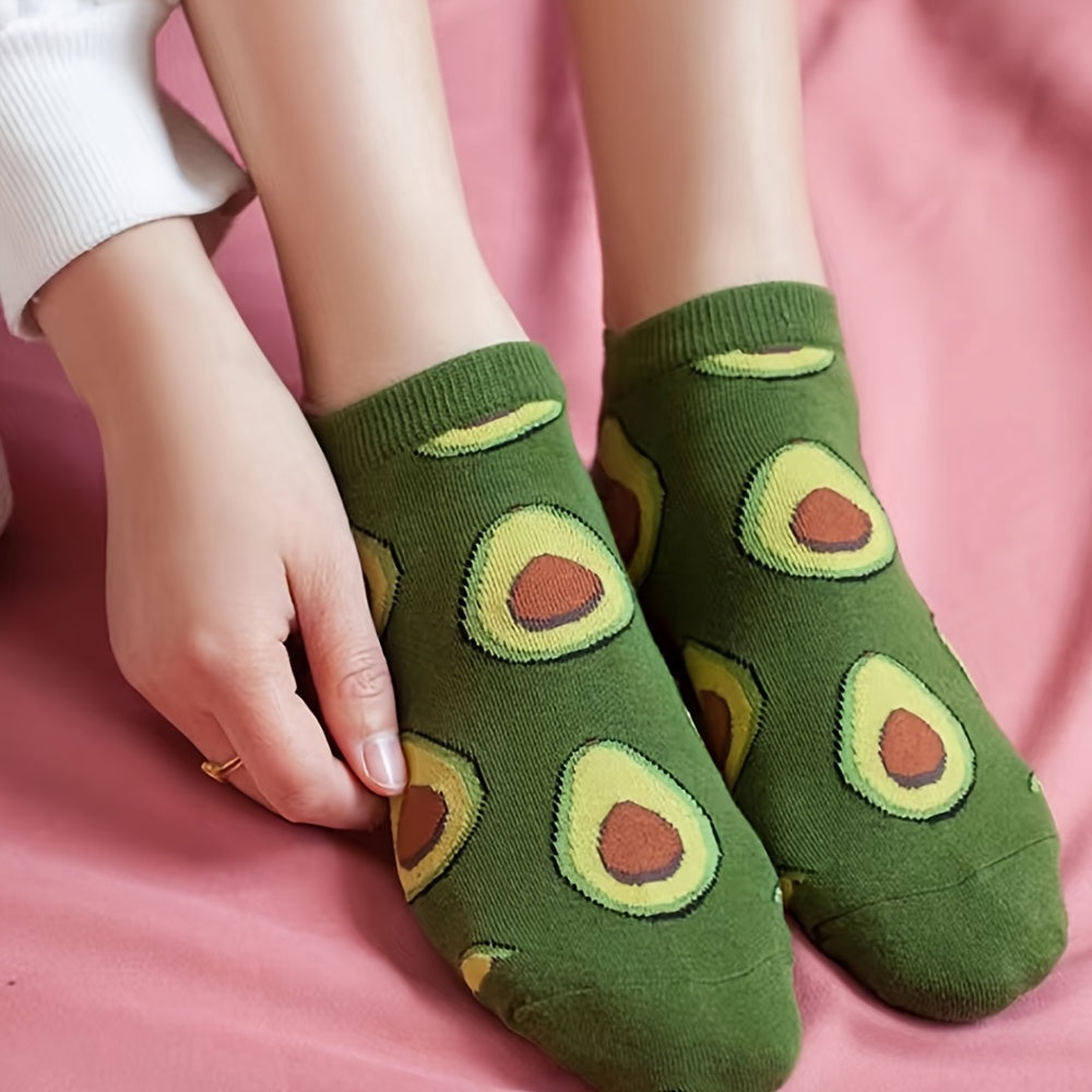 Women's Avocado Print Low Cut Ankle Socks 5 Pairs Lightweight Cotton Blend
