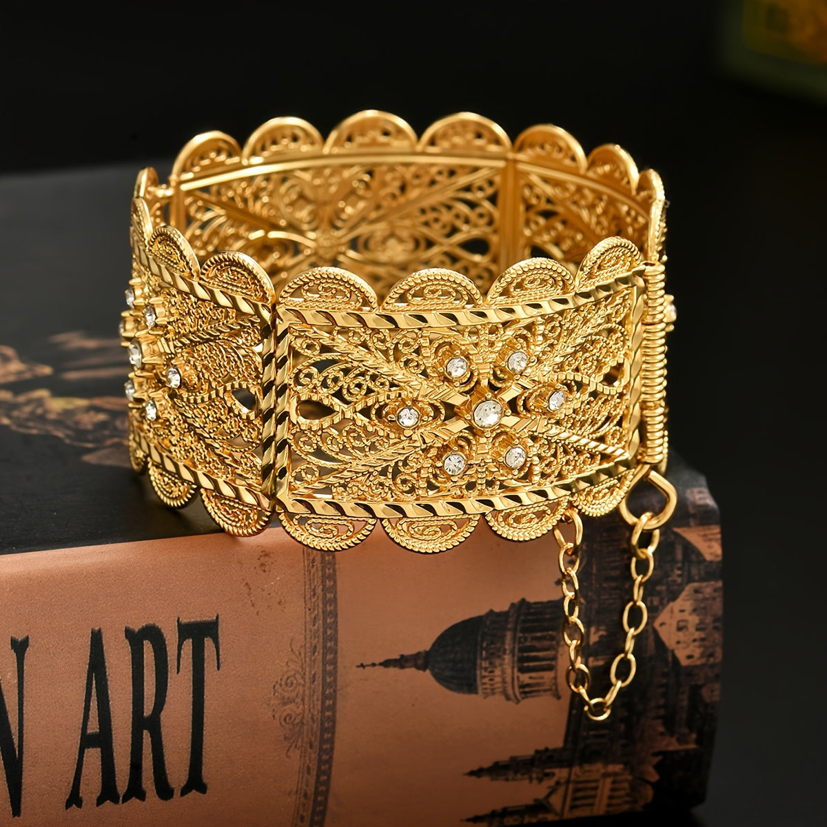 Gold Plated Zinc Alloy Bangle with Synthetic Stones Floral Open Cuff Jewelry for Weddings and Events