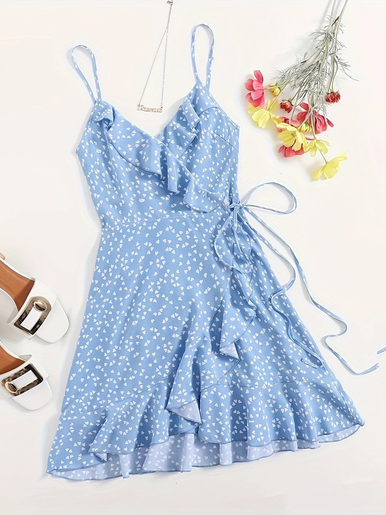 Women's Heart Print Ruffle Cami Dress with Lace-Up Detail Summer Sleeveless V-Neck