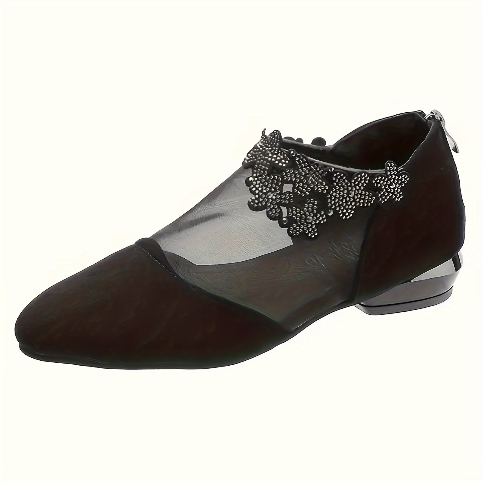 Women's Rhinestone Flower Low Heel Sandals with Mesh Stitching and Pointed Toe