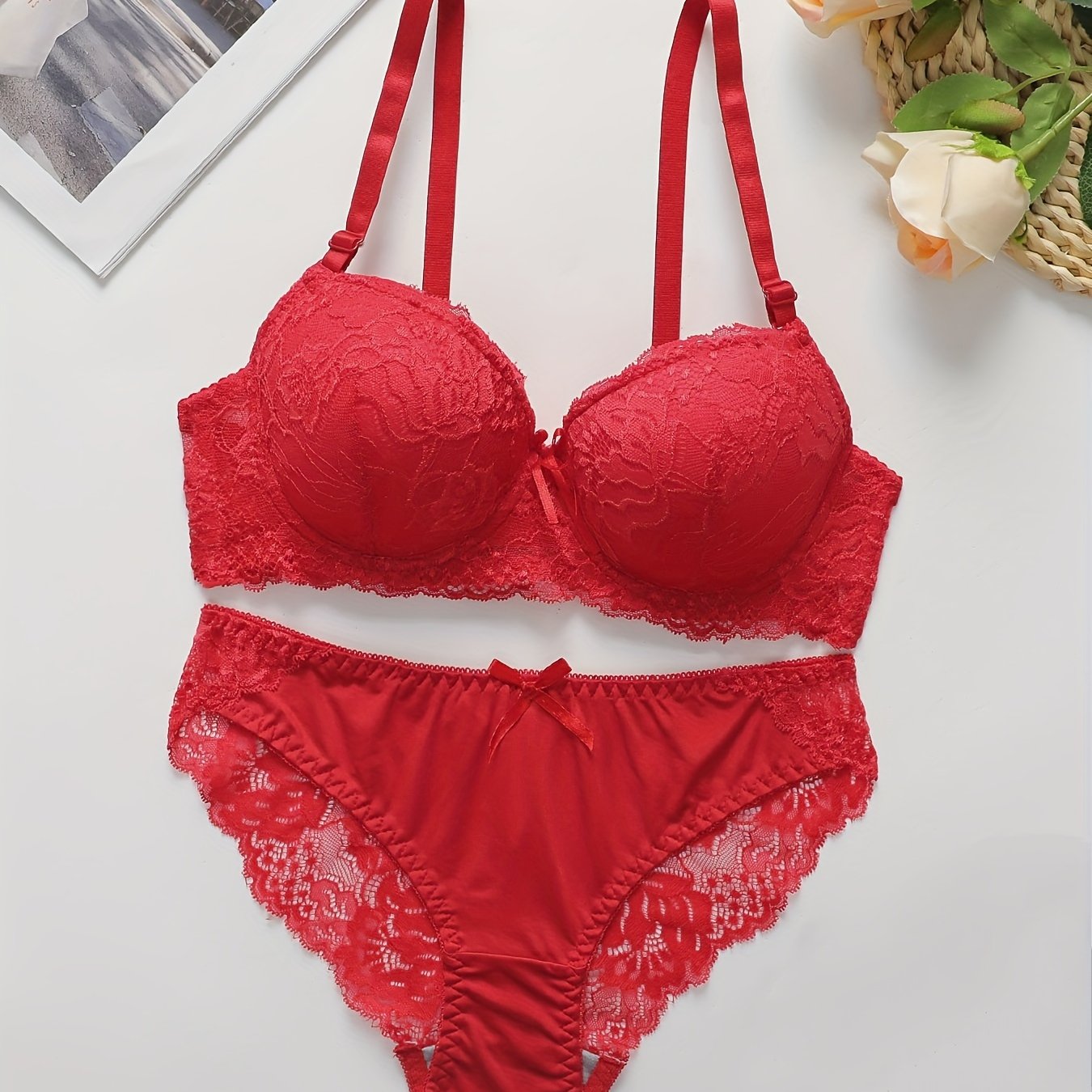 Women's Floral Lace Lingerie Set with Push-Up Bra and See-Through Briefs