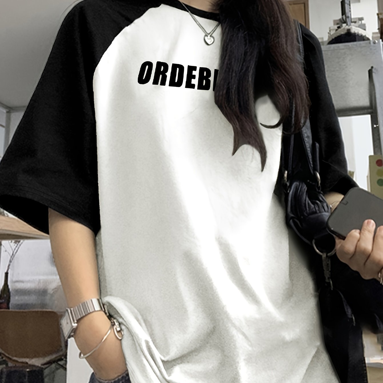 Women's Casual Raglan Sleeve Color Block T-Shirt with Letter Print for Spring Summer