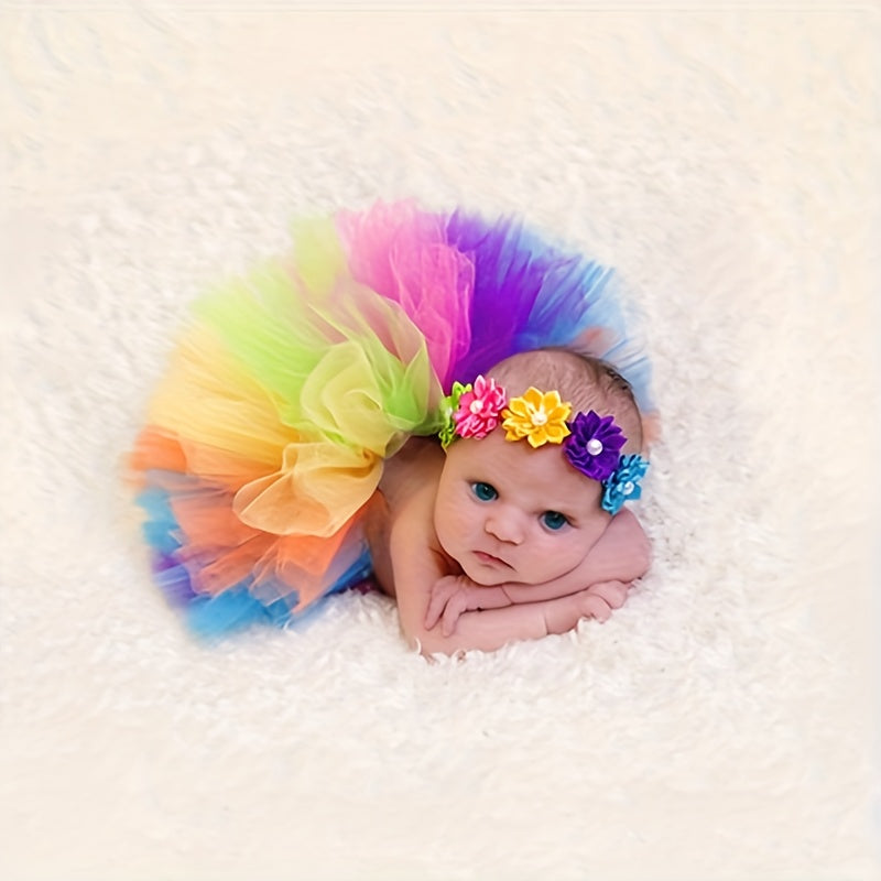 Baby Rainbow Tutu Skirt with Flower Headband for Photography and Costumes