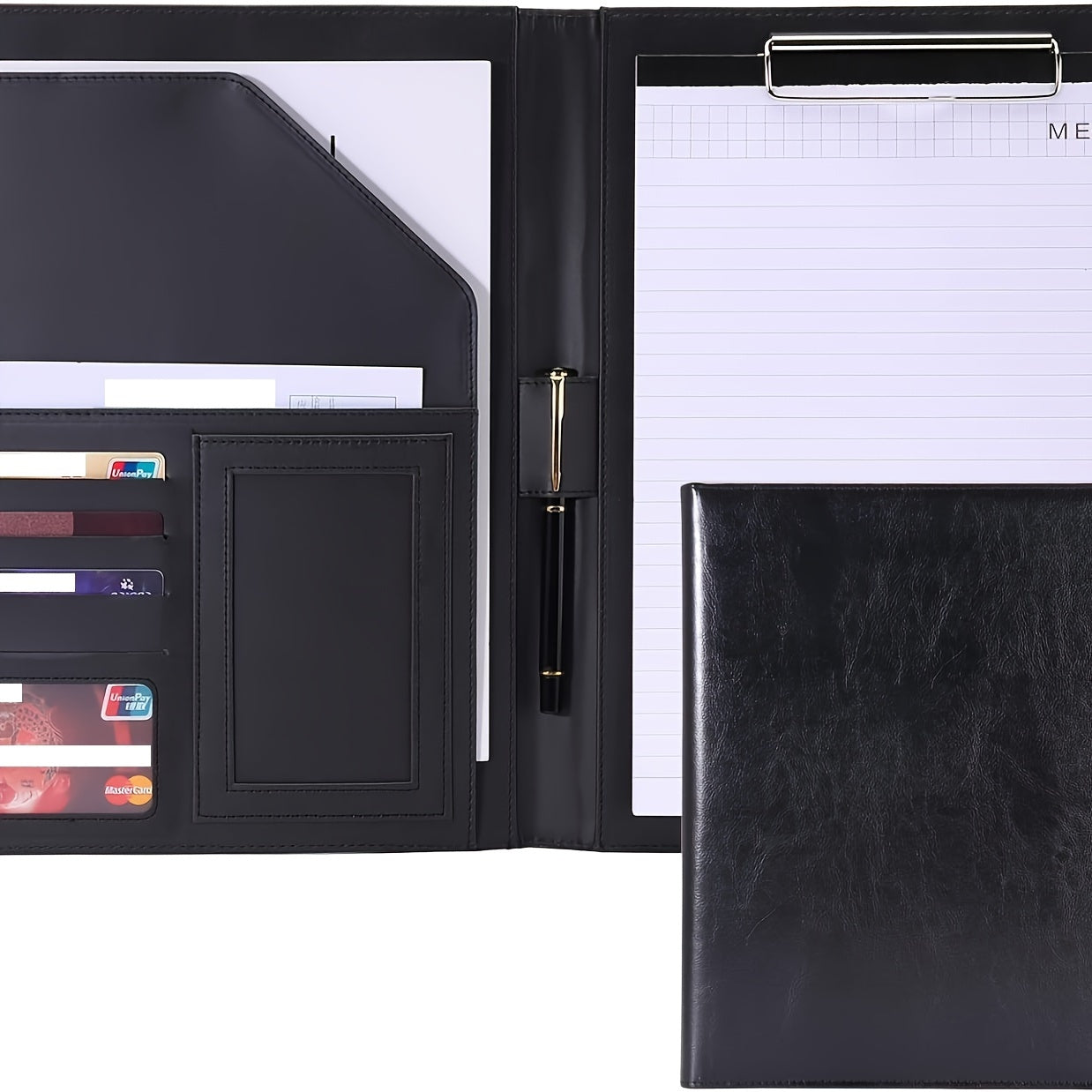 Black Faux Leather Clipboard Folder with Resume Organizer Business Card Holder Pen Loop Smartphone Pocket Office Organizer