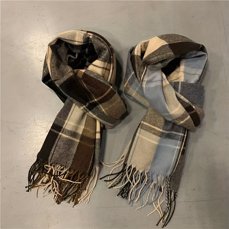 Men's Warm Fringe Hem Plaid Scarf for Winter Cold Weather Accessories