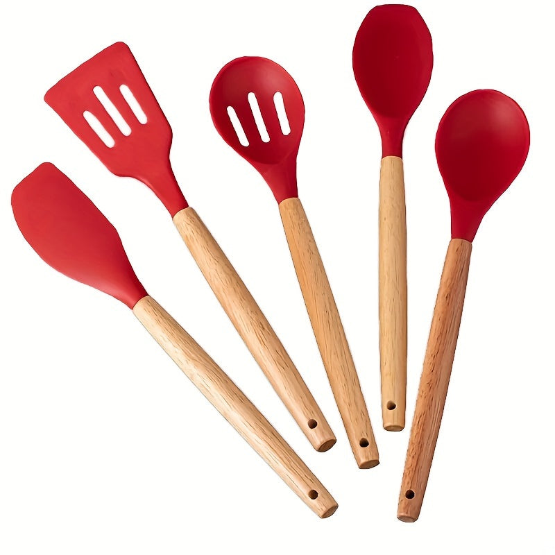 Set of 5 Non-Stick Kitchen Utensils with Wooden Handles for Cooking and Baking