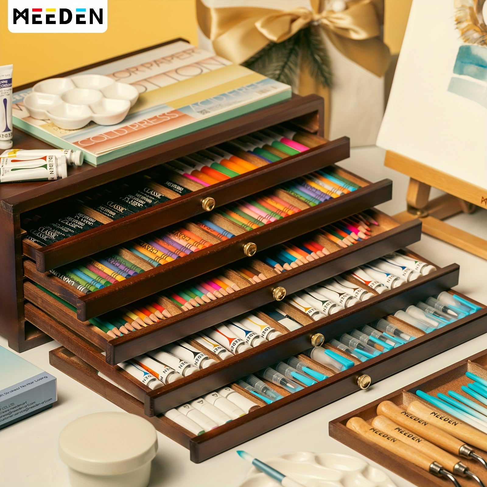 Wooden Art Supply Organizer with Removable Drawers - 4/6/10 Compartments for Pastels Pencils and More