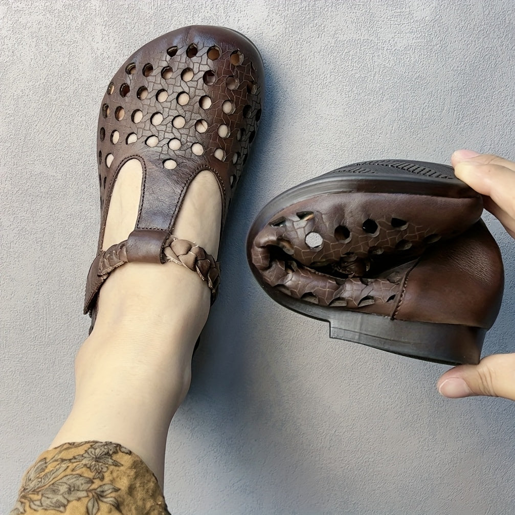 Women's Genuine Leather Mary Jane Flats with Adjustable T-Strap Breathable Summer Shoes