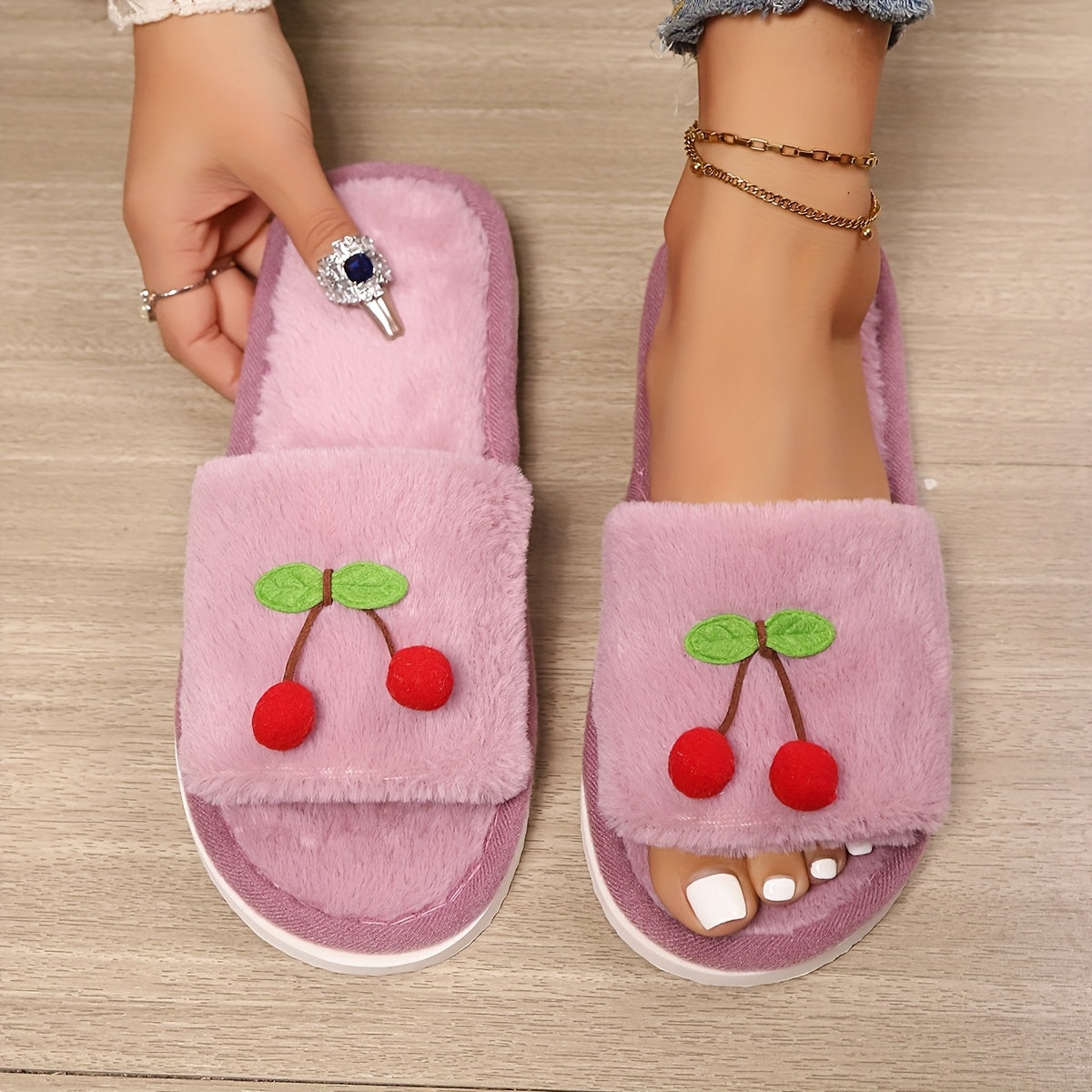 Women's Cherry and Green Leaf Slip-On Slippers, Soft EVA Sole, Indoor Outdoor