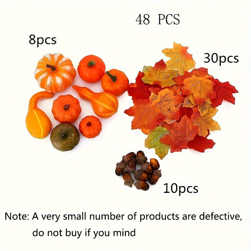 Set de decoración de otoño de 48 piezas con calabazas artificiales, calabazas, bellotas, hojas de arce, piñas para Acción de Gracias, Halloween, bodas