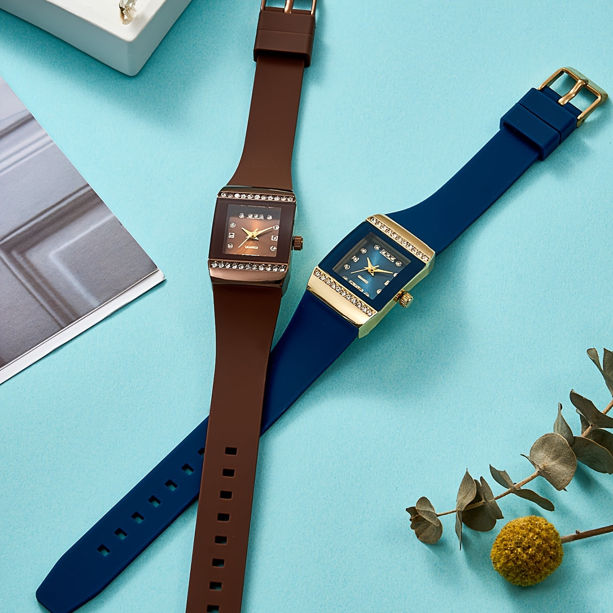 Women's Vintage Style Rhinestone Quartz Watch with Square Dial and Silicone Band