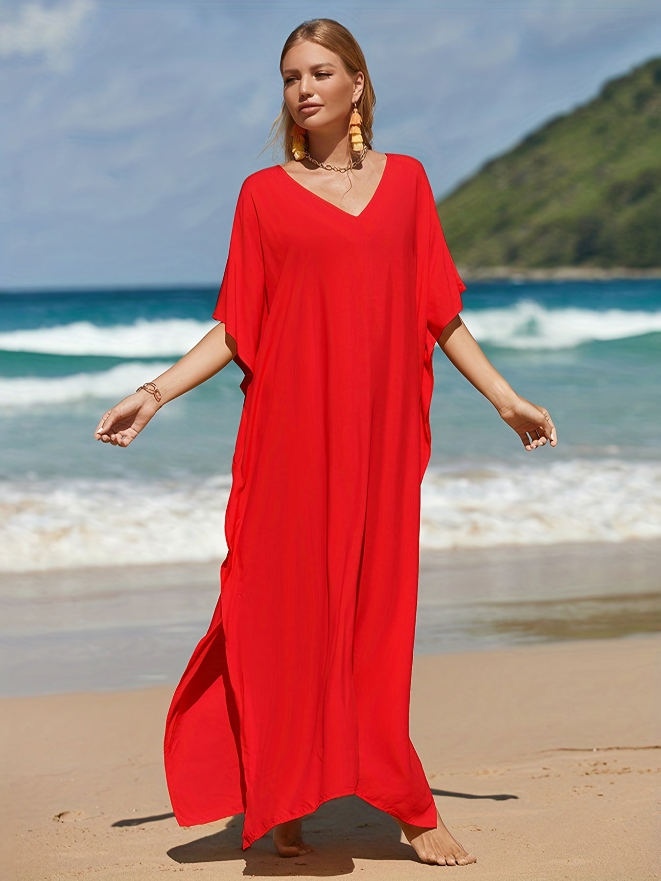 White Boho Beach Cover-Up Dress with V-Neck Batwing Sleeves and Side Slit