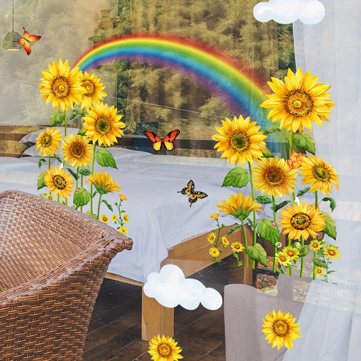 Double-Sided Sunflower and Rainbow Butterfly Window Decal Self-Adhesive PVC Sticker