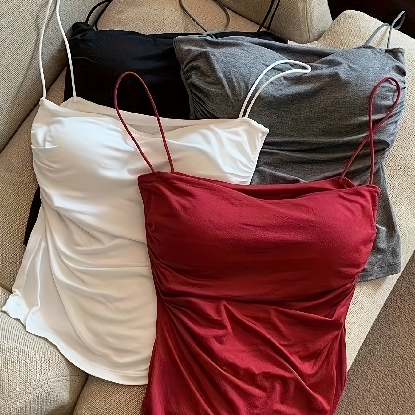 Women’s All-Season Polyester Camisoles with Frill Detail and Strapless Collar