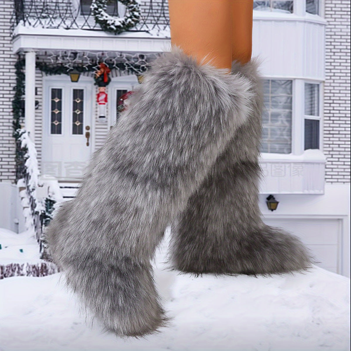 Women's Faux Fur Over-the-Knee Boots Winter Warm Fleece-Lined Black