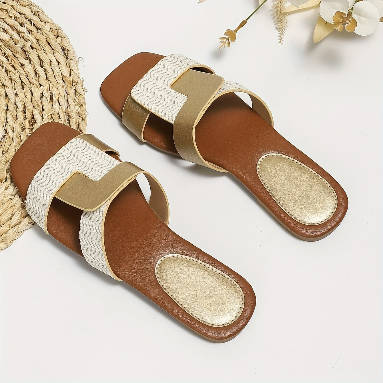 Women's Square Toe Slide Sandals with Two-Tone Gold and White Chevron Design