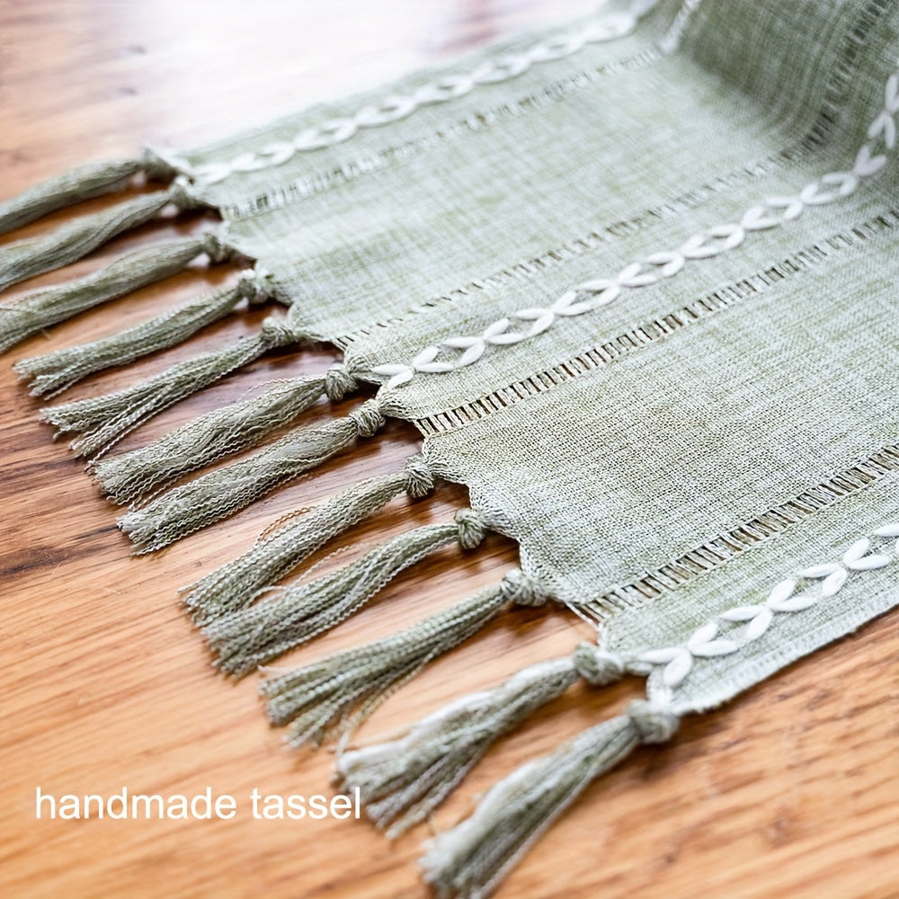 Bohemian Linen Farmhouse Table Runner with Embroidered Pattern and Hand-Tied Tassels