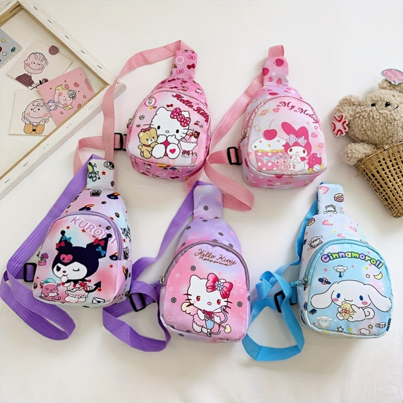 Sanrio Hello Kitty & Friends ko'krak sumkasi - sayohat uchun zarur narsalar va har kuni kiyinish uchun mukammal bo'lgan, zipper dizayniga ega kichik rucksack. Buni bitta yelka orqali kesib o'tadigan sumka sifatida olib yurish mumkin.
