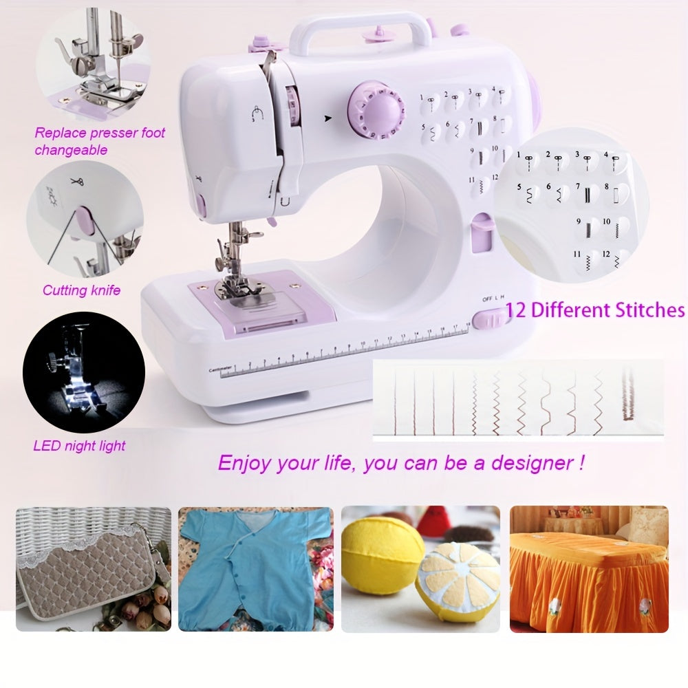Portable Electric Sewing Machine with 12 Stitches Adjustable Speed Reverse Function for Beginners Purple